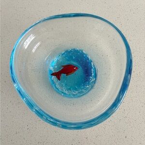 Murano Art Glass Controlled Bubble Candy Trinket Dish With Fish